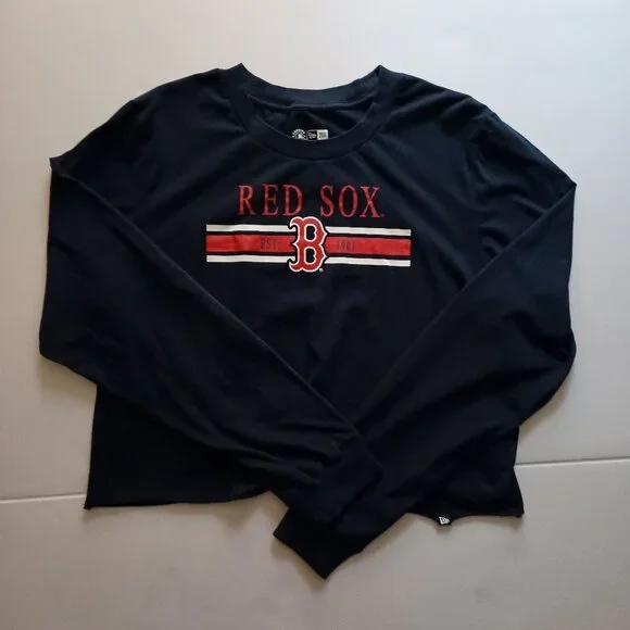 Red Sox Crop Long Sleeve TShirt Blue Women’s Size L - Picture 16 of 16